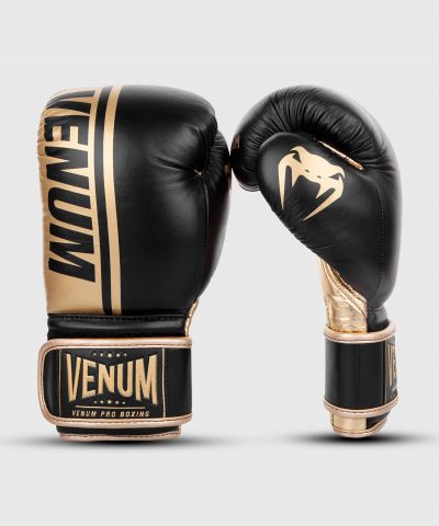 VENUM Shield Pro Boxing 男女真皮拳击手套 - 黑/金色